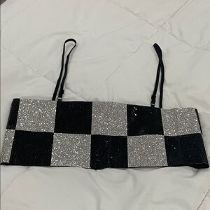 12th Tribe Black and Silver Checkered “Shira” Rhinestone Crop Top XS